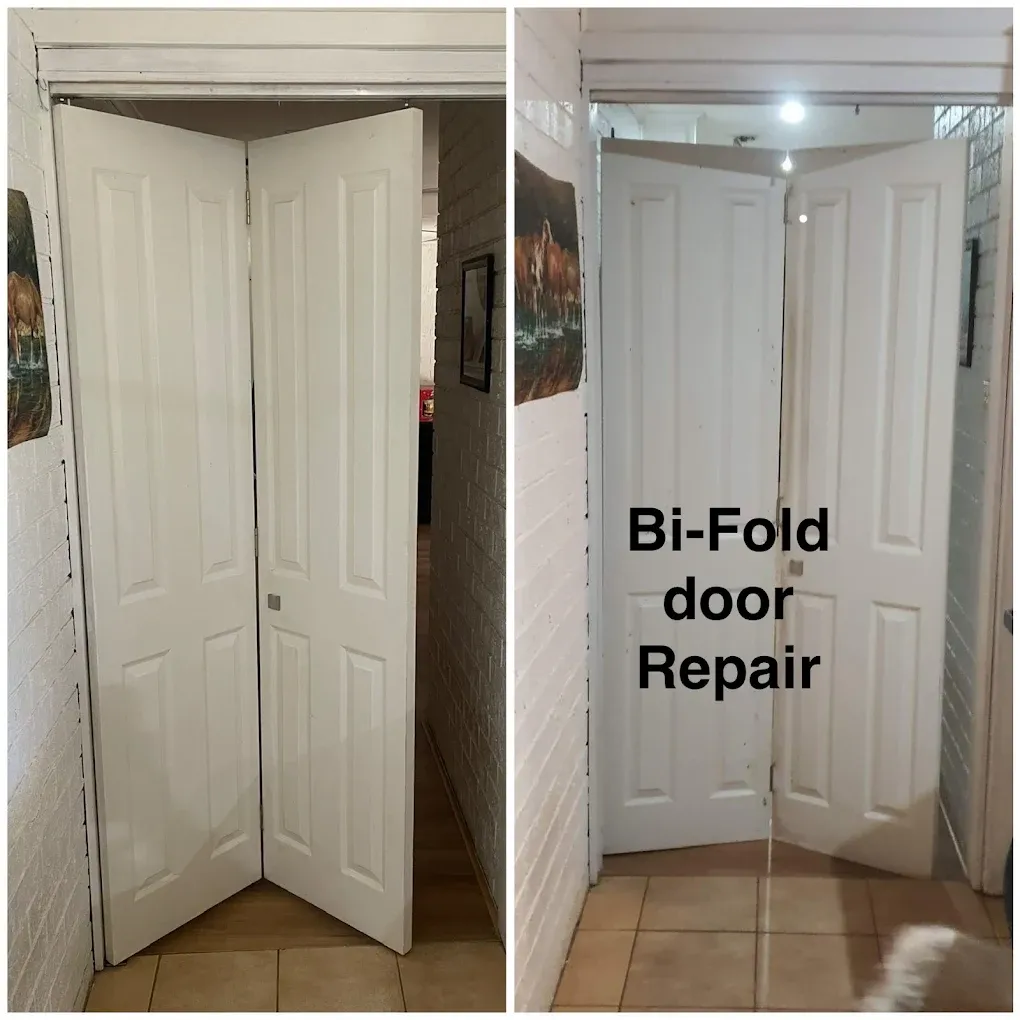 A white bi-fold door in a hallway shown before and after repair, sitting square in its frame and closing flush.