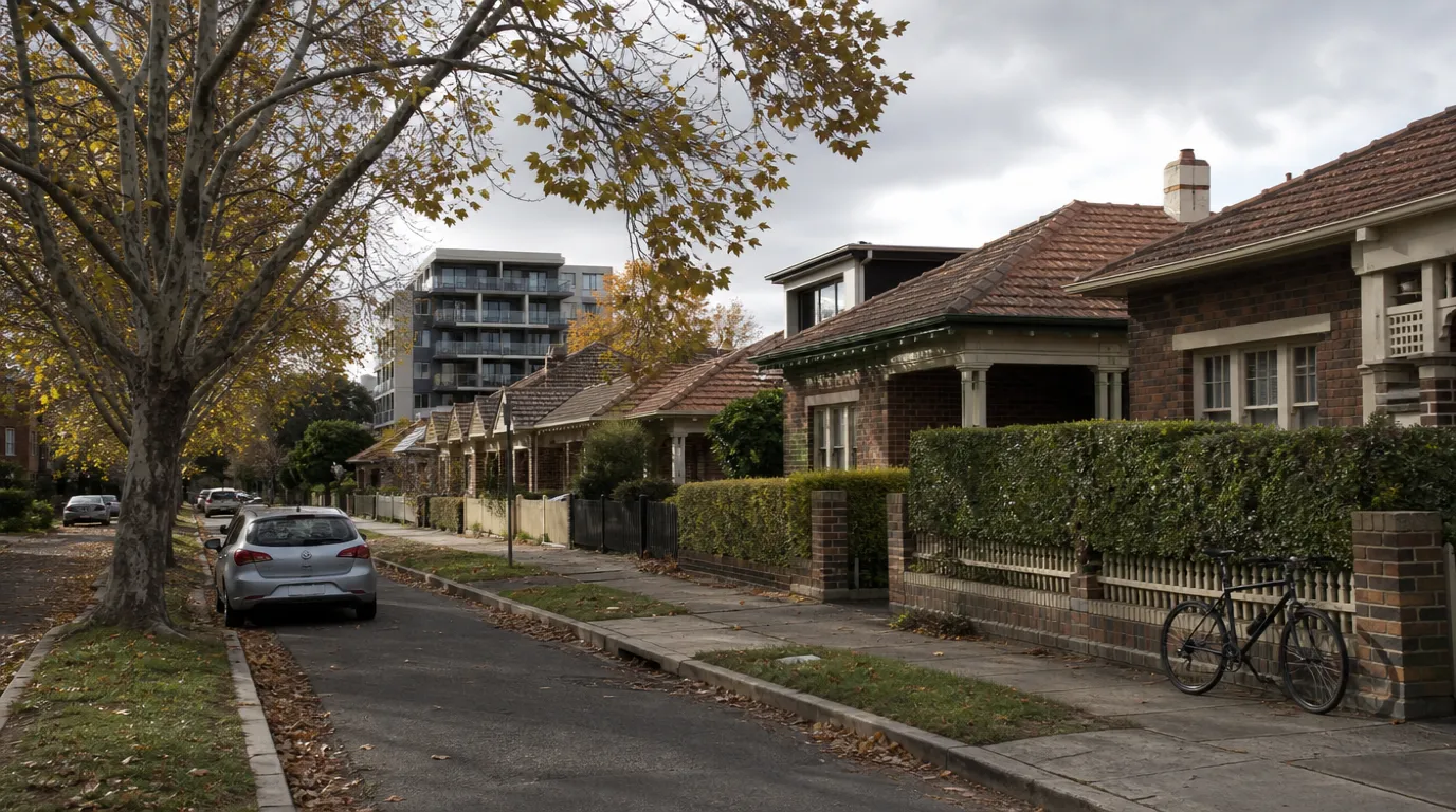 A Braddon street in Canberra's Inner North with 1920s brick cottages and hedges under autumn street trees, and a newer apartment building behind