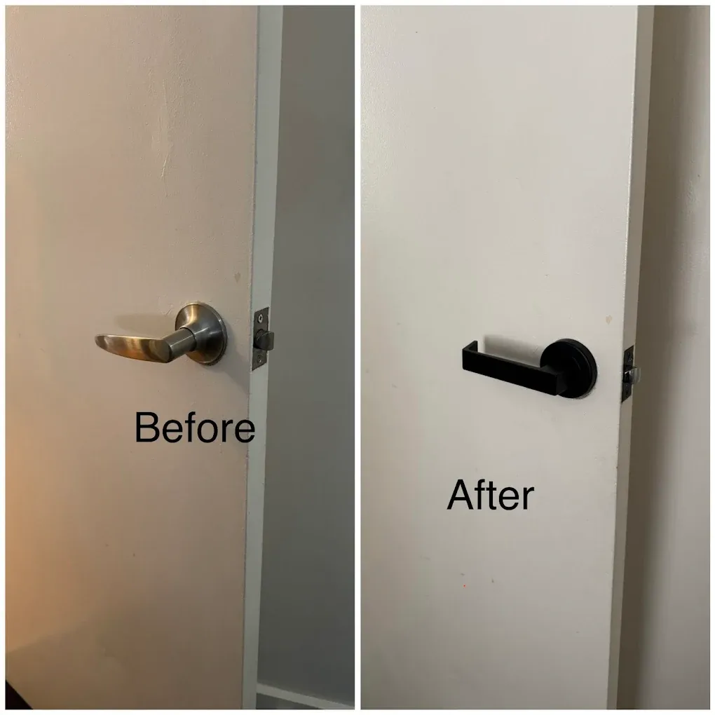 An interior door handle before and after replacement, a worn chrome lever changed for a matte black lever and rose.