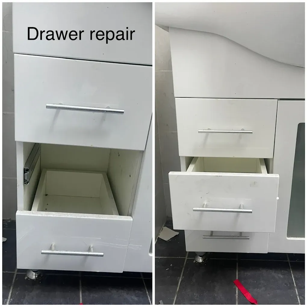 A white bathroom vanity drawer before and after repair, the front refitted and the drawer sliding on its runners again.