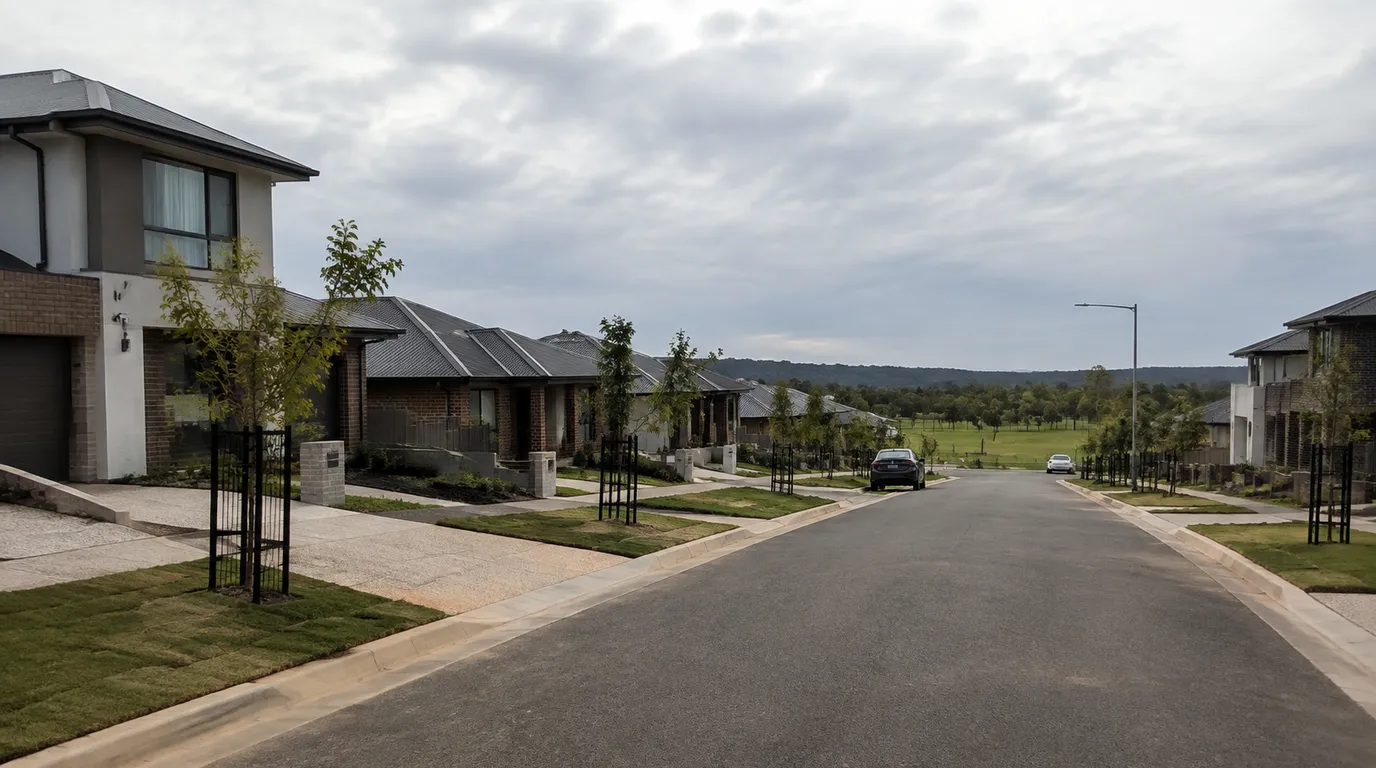 A Googong street in New South Wales with new single-storey homes, young street trees and open parkland behind