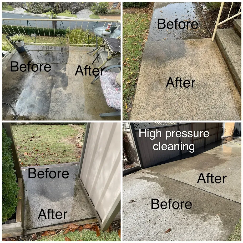 Four Canberra concrete surfaces shown before and after high pressure cleaning: a patio, a path beside garden steps, a paved area by a fence, and a driveway.