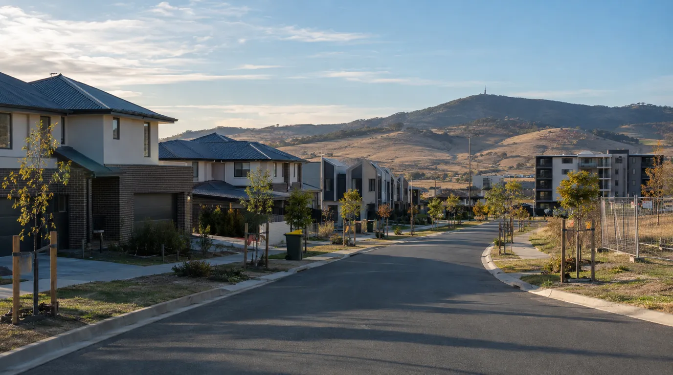 A new residential street in Canberra's Molonglo Valley with two-storey houses, townhouses, a low apartment block, young staked street trees and Mount Stromlo behind