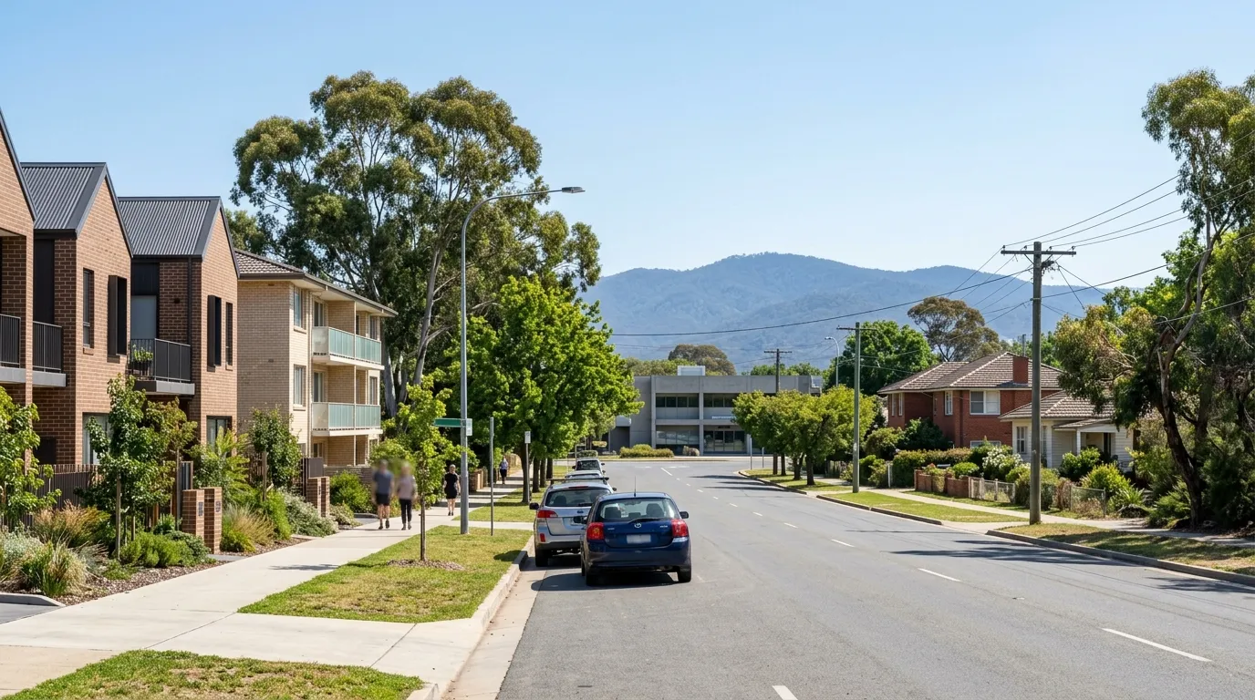 A mixed residential street of units and houses near Woden town centre in Phillip, Canberra