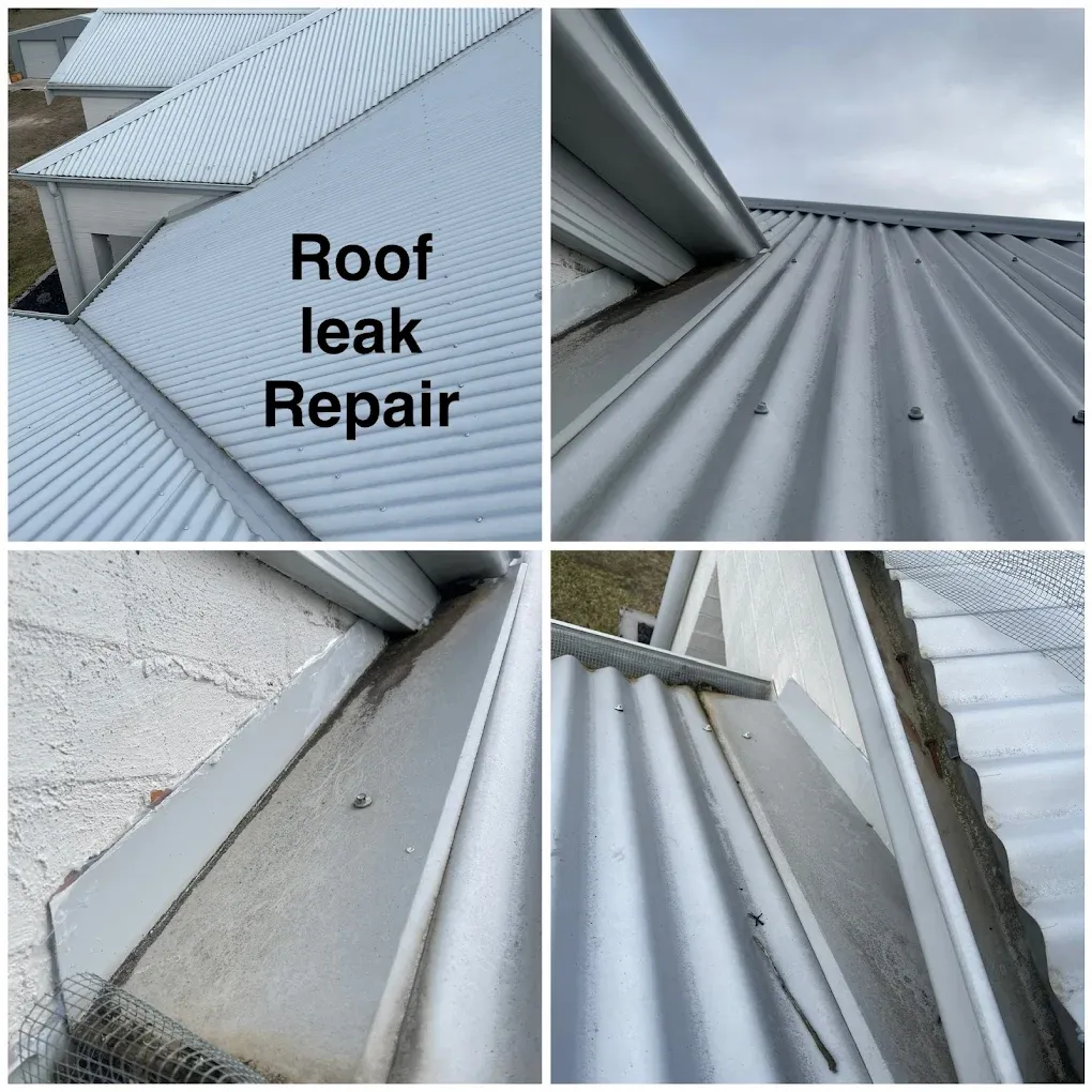 Four views of a metal roof repair on a Canberra home, showing the valley and flashing cleaned back and resealed.