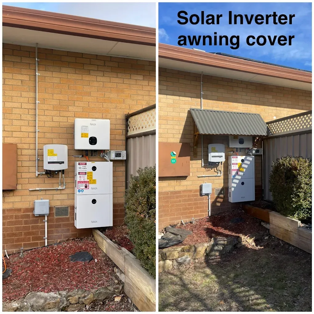 A solar inverter and battery on a brick wall before and after a custom metal awning was built above them for weather protection.